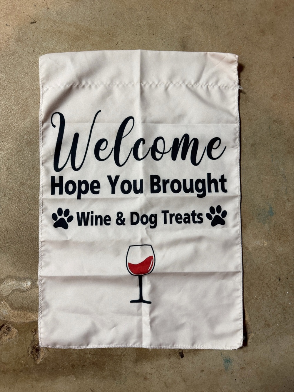 Welcome Wine & Dog Treats Garden Flag - White with Red Accent